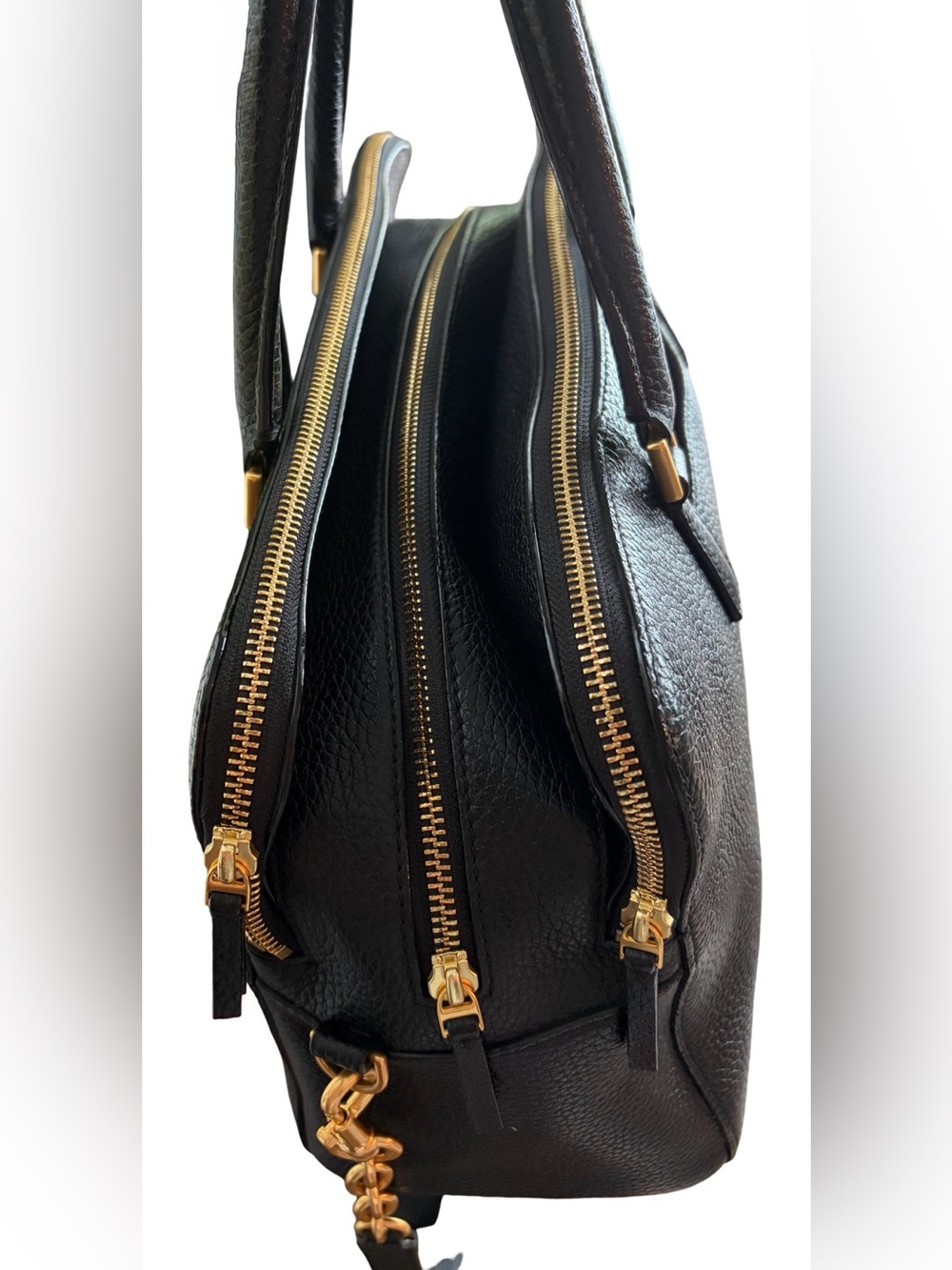 Tory Burch Georgia Pebbled Double Zip Satchel Tote Bag Black Leather Crossbody - Picture 5 of 16